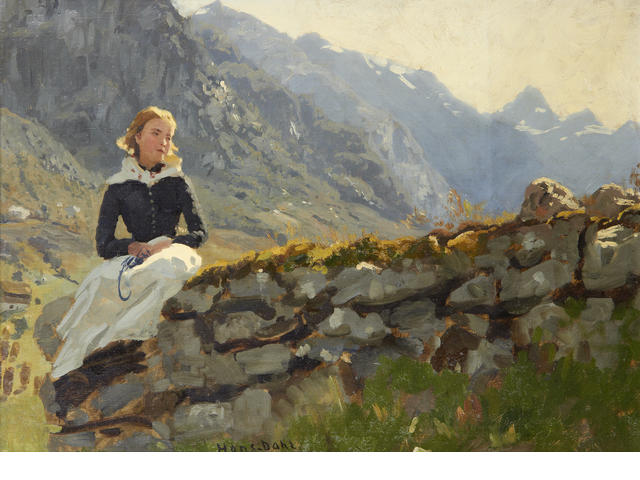 Girl seated on a stone wall, vintage artwork by Hans Dahl, 12x8" (A4) Poster