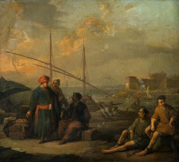A Harbour with Figures in Oriental Costume, vintage artwork by Johannes Lingelbach, 12x8" (A4) Poster