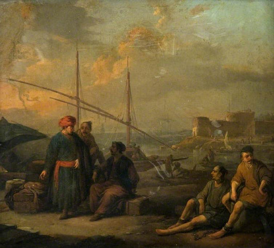 A Harbour with Figures in Oriental Costume, vintage artwork by Johannes Lingelbach, 12x8" (A4) Poster