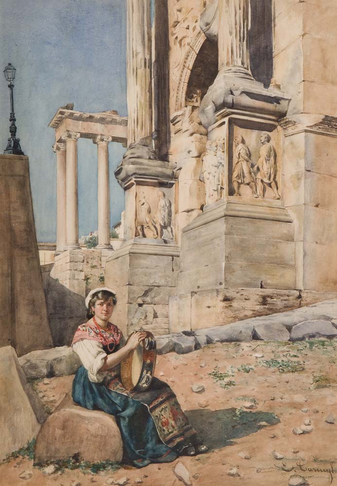 Girl with Tambourine on the Arch of Titus, Roman Forum, vintage artwork by Enrico Tarenghi, 12x8" (A4) Poster