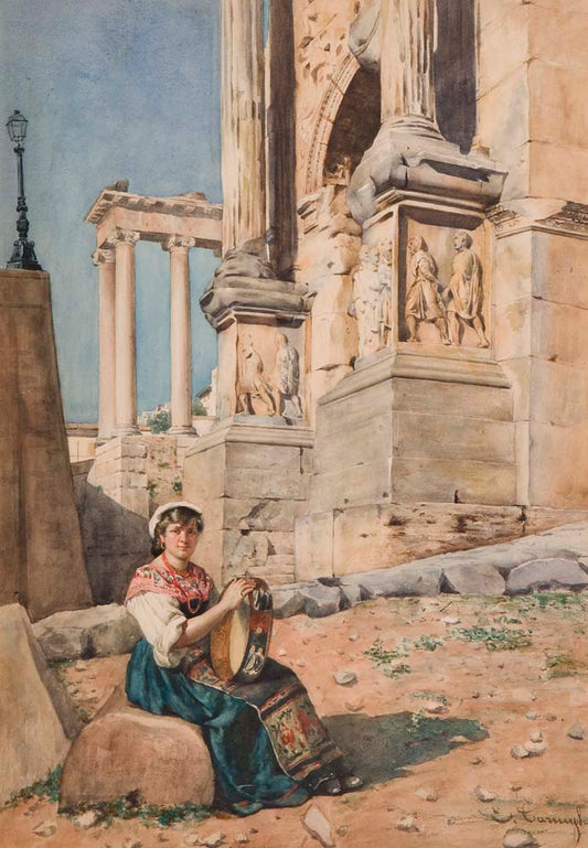 Girl with Tambourine on the Arch of Titus, Roman Forum, vintage artwork by Enrico Tarenghi, 12x8" (A4) Poster