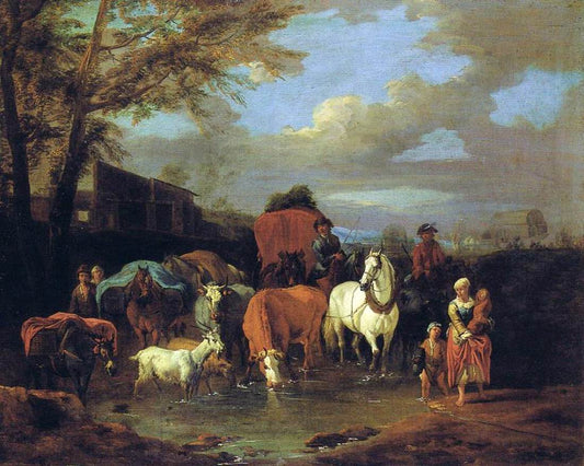 Drovers with Cattle and Goats Fording a Stream, vintage artwork by Pieter van Bloemen, 12x8" (A4) Poster