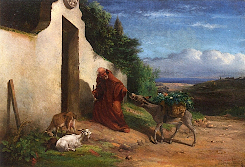 Monk Pulling Donkey Laden with Baskets of Vegetables, vintage artwork by William Holbrook Beard, 12x8" (A4) Poster