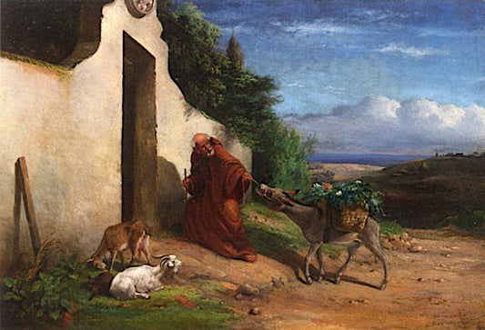 Monk Pulling Donkey Laden with Baskets of Vegetables, vintage artwork by William Holbrook Beard, 12x8" (A4) Poster