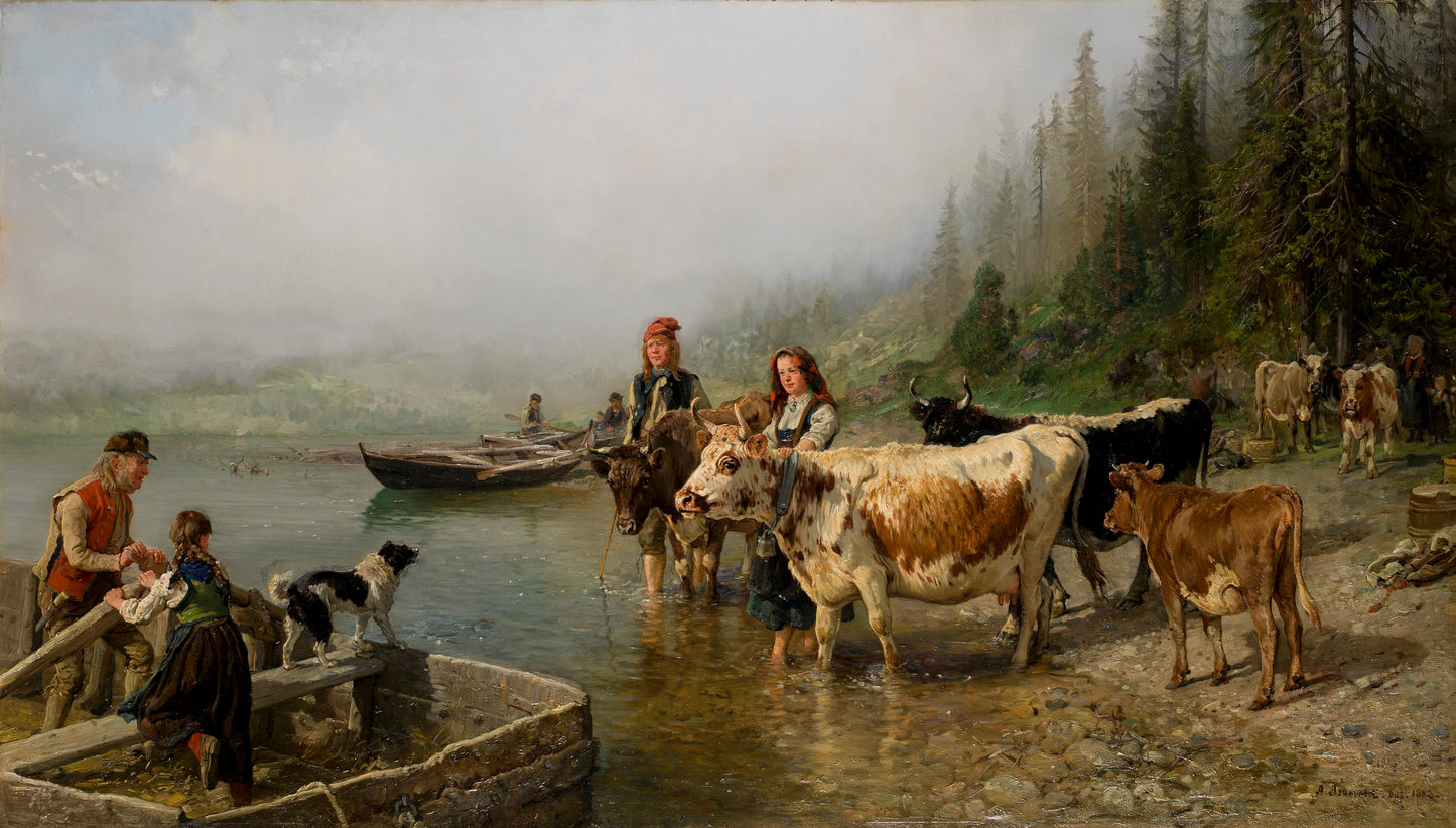 Ferry Place on a Lake, vintage artwork by Anders Monsen Askevold, 12x8" (A4) Poster
