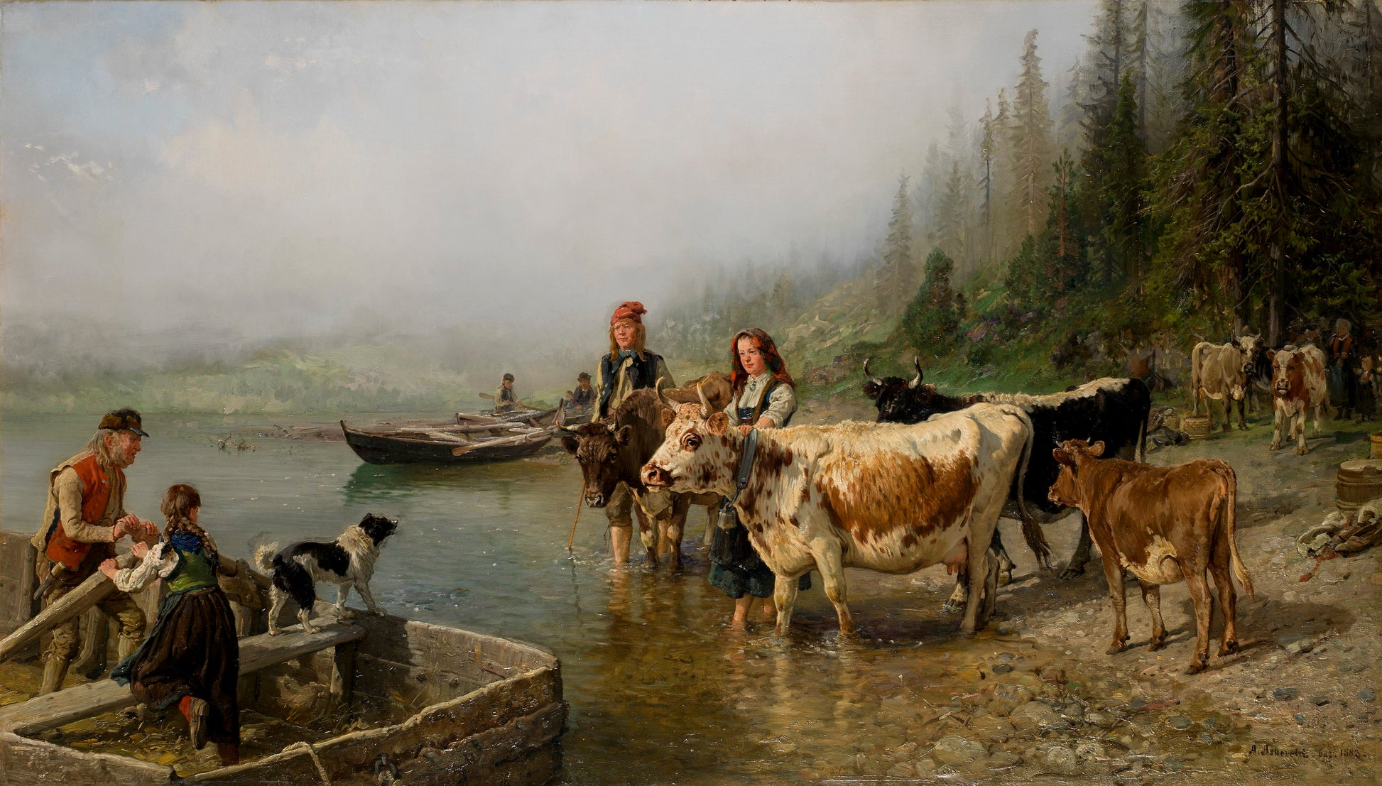 Ferry Place on a Lake, vintage artwork by Anders Monsen Askevold, 12x8" (A4) Poster