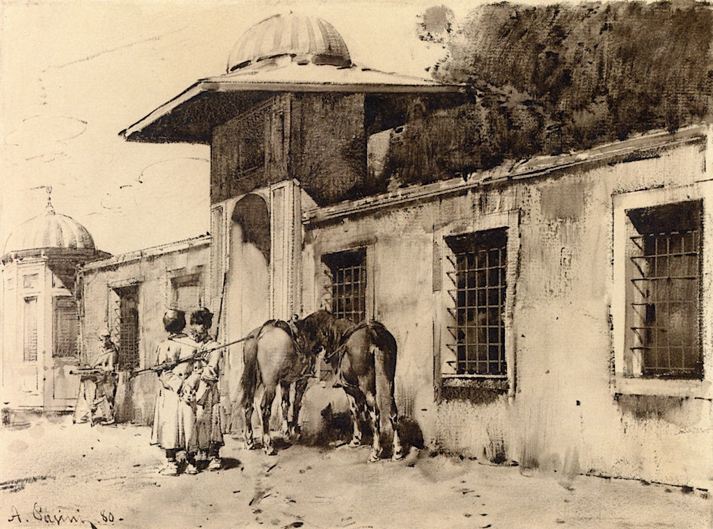 Circassian Cavalrymen outside a Gate, vintage artwork by Alberto Pasini, 12x8" (A4) Poster