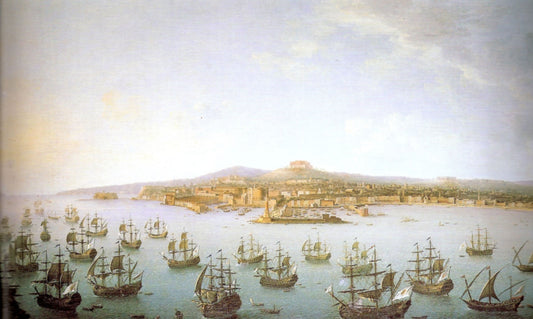 Departure of Charles de Bourbon for Spain seen from the sea, vintage artwork by Antonio Joli, 12x8" (A4) Poster
