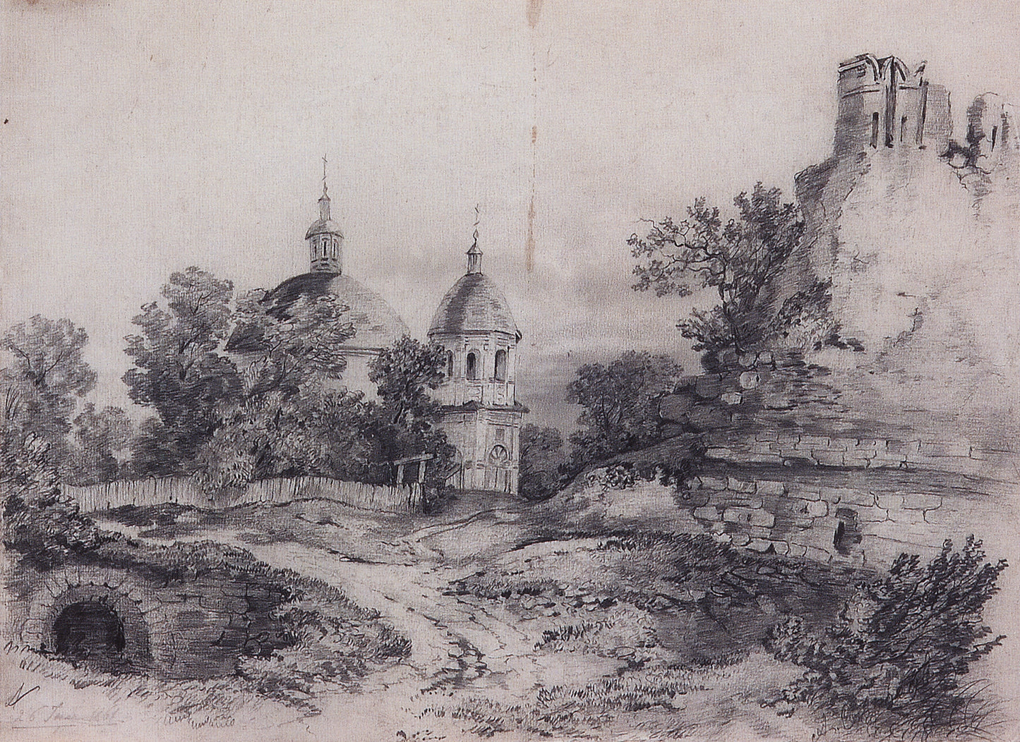 Landscape with a Church and Ruins, vintage artwork by Alexei Kondratyevich Savrasov, 12x8" (A4) Poster