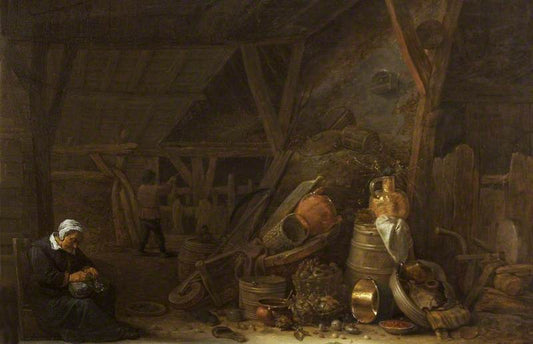 A Barn with a Sleeping Cook, vintage artwork by David Teniers (II), 12x8" (A4) Poster