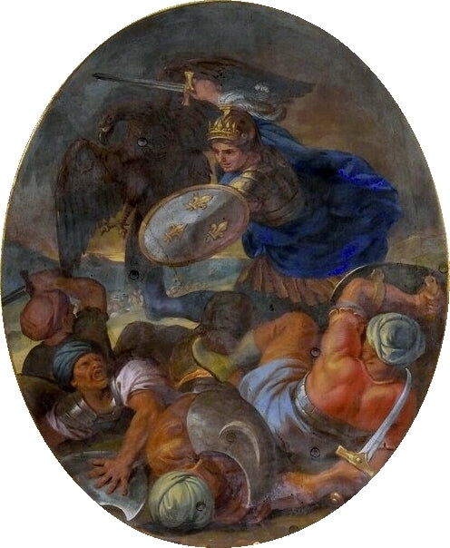 Hall of Mirrors 07 - Defeat of the Turks in Hungary by  the King's Troops in 1664, vintage artwork by Charles Le Brun, 12x8" (A4) Poster