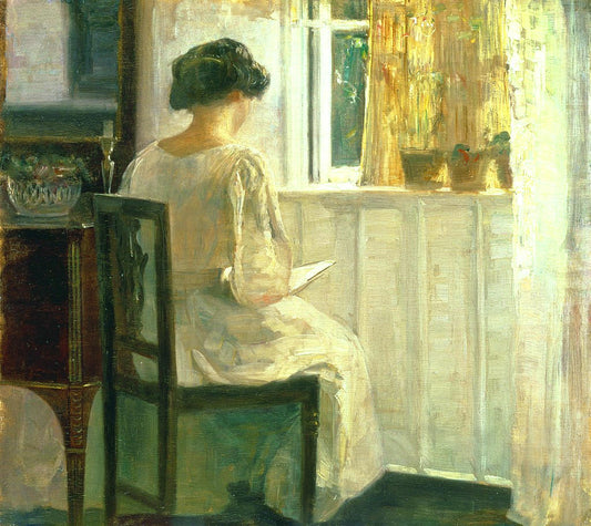 Girl Reading in a Sunlit Room, vintage artwork by Carl Vilhelm Holsøe, 12x8" (A4) Poster