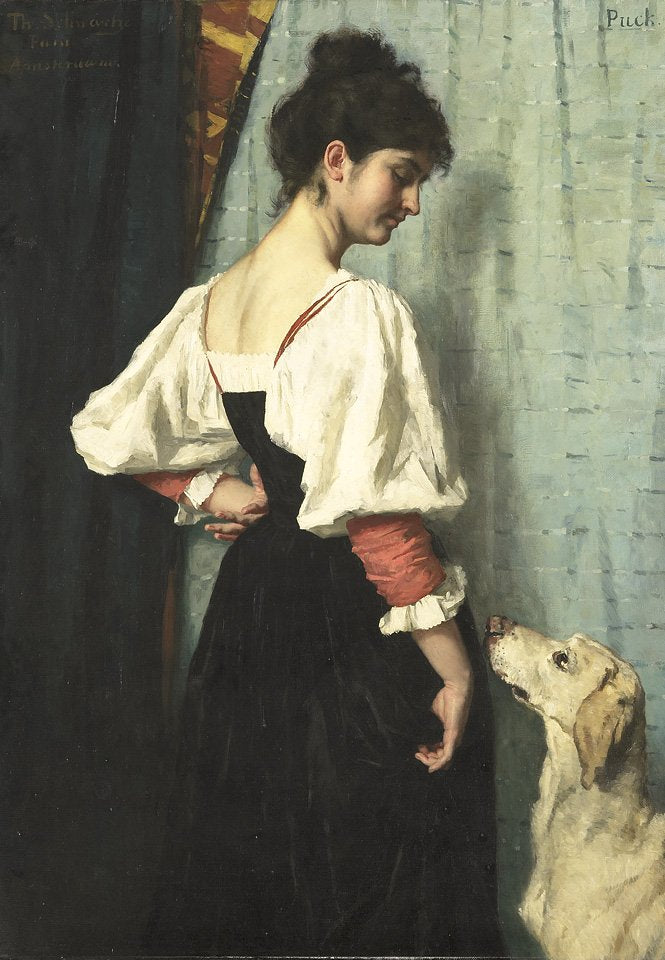 Young Italian Woman with a Dog Called Puck, vintage artwork by Therèse Schwartze, 12x8" (A4) Poster