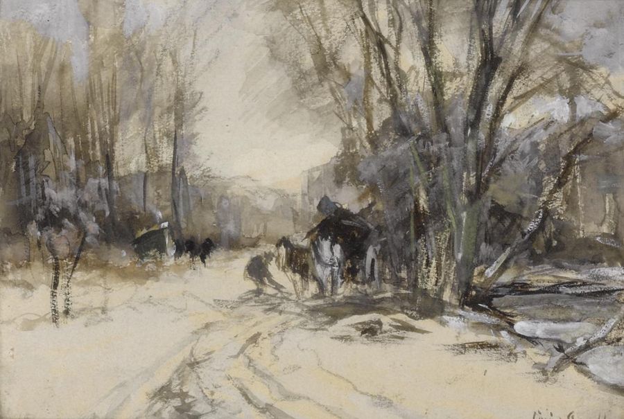 A Horse and a Cart in a Snow-covered Landscape, vintage artwork by Louis Apol, 12x8" (A4) Poster