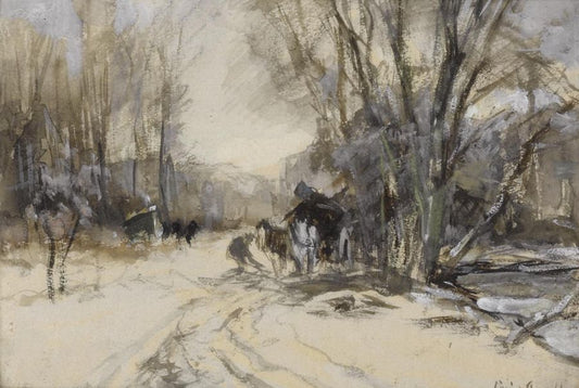 A Horse and a Cart in a Snow-covered Landscape, vintage artwork by Louis Apol, 12x8" (A4) Poster