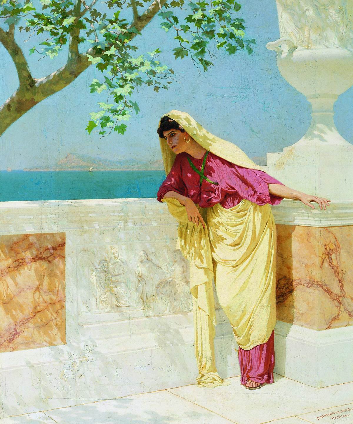Greek Woman by  the Sea, vintage artwork by Stefan Bakalowicz, 12x8" (A4) Poster