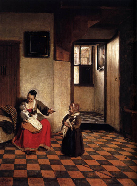 A Woman with a Baby  in Her Lap, and a Small Child, vintage artwork by Pieter de Hooch, 12x8" (A4) Poster