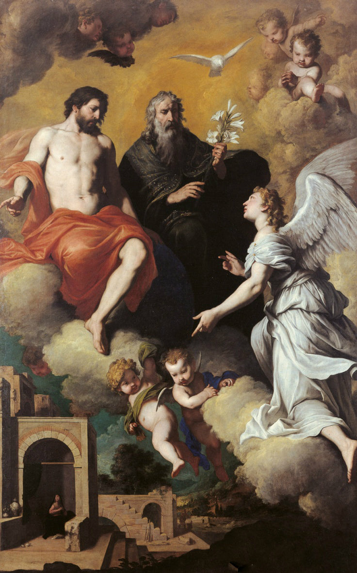 The Holy Trinity Sends Archangel Gabriel to Virgin Mary, vintage artwork by Pietro Novelli, 12x8" (A4) Poster