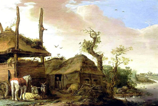 Farmhouse by  the Water's Edge, vintage artwork by Cornelis Saftleven, 12x8" (A4) Poster
