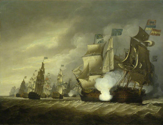 HMS 'Victory' Raking the 'Salvador del Mundo' at the Battle of Cape St Vincent, 14 February 1797, vintage artwork by Thomas Luny, 12x8" (A4) Poster
