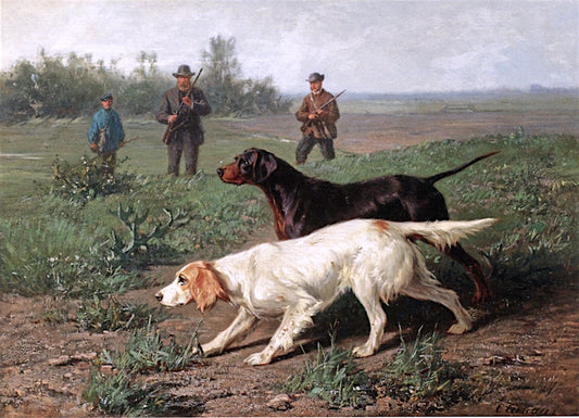 Staande Honden: Two Setters Picking a Scent Trail, vintage artwork by Condradyn Cunaeus, 12x8" (A4) Poster