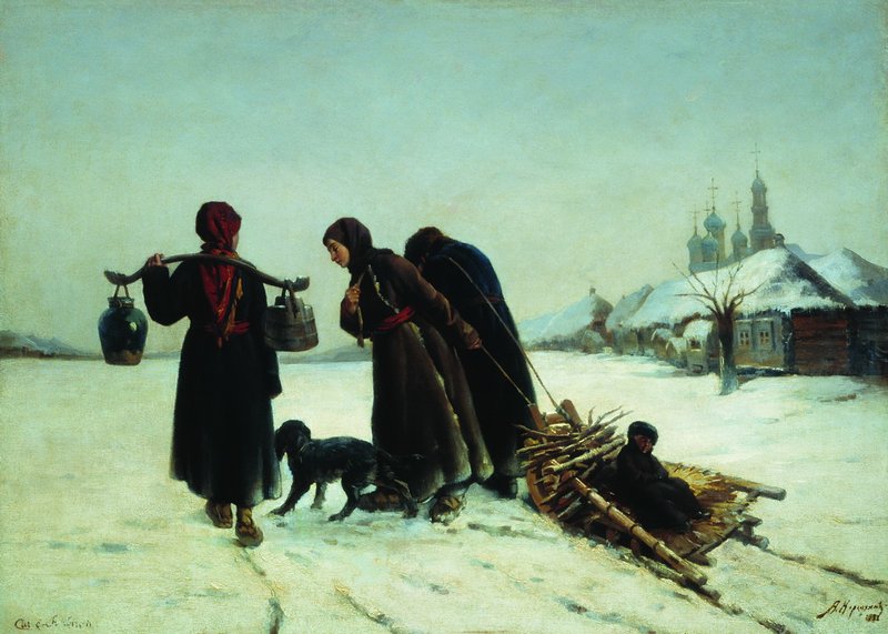 Winter in the Village, vintage artwork by Alexei Korzukhin, 12x8" (A4) Poster