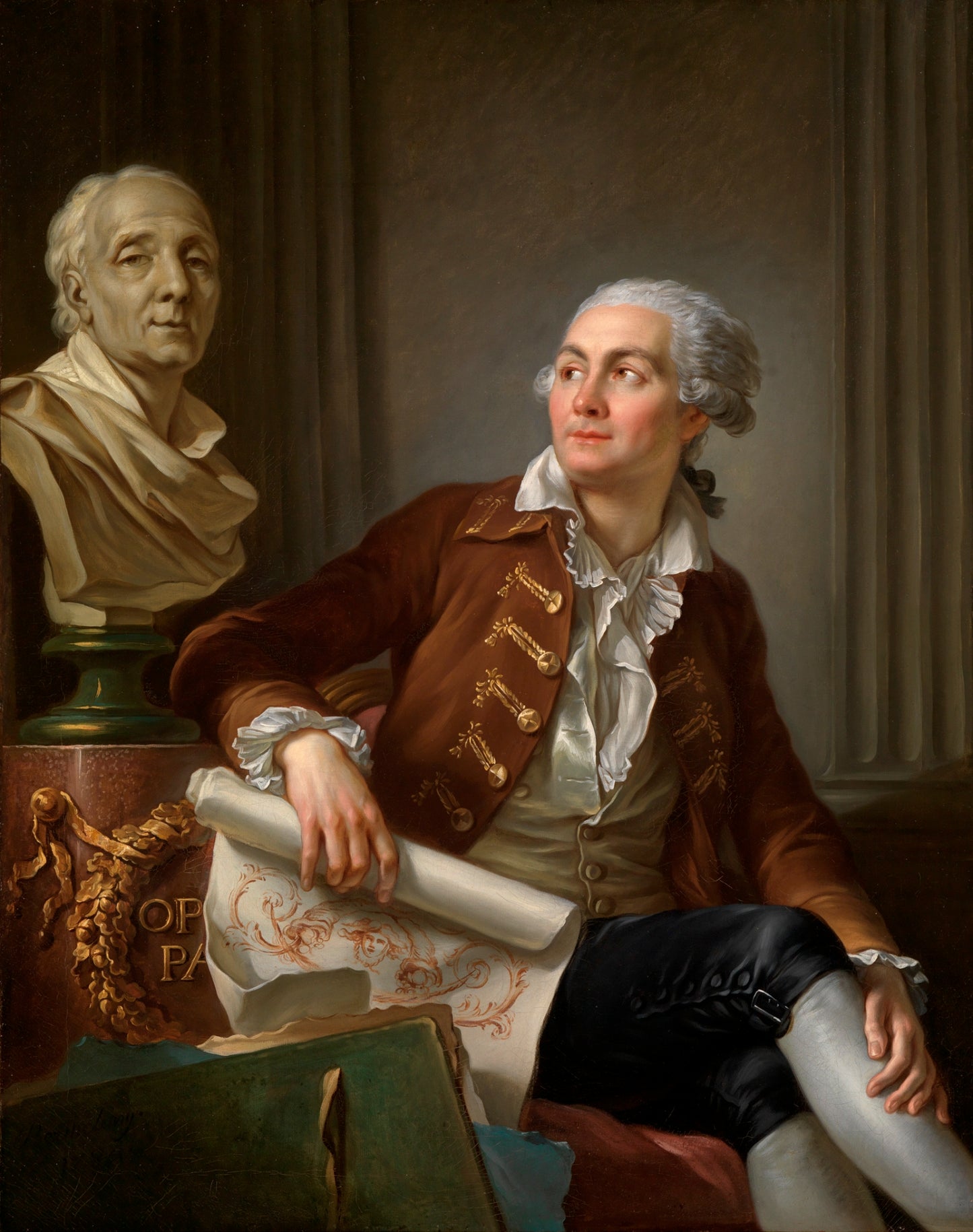 Portrait of a Man with a Bust of Denis Diderot, vintage artwork by Jean-Simon Berthelemy, 12x8" (A4) Poster