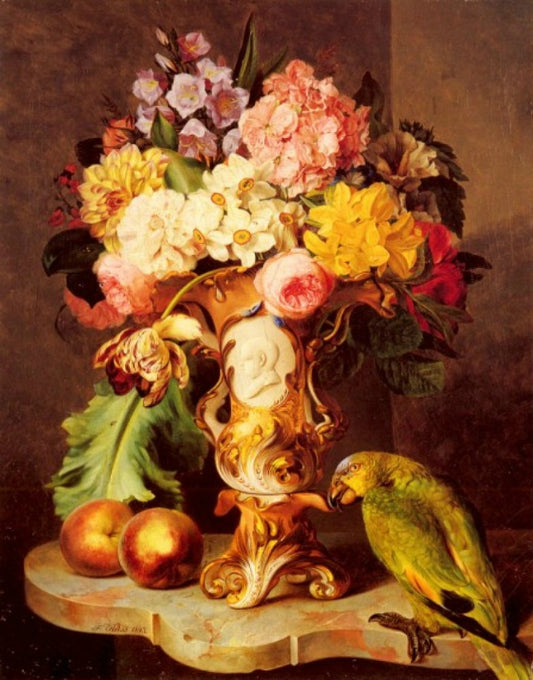 A Still Life with a Vase of Assorted Flowers, Peaches and a Parrot on a Marble Ledge, vintage artwork by Ferdinand Kuss, A3 (16x12") Poster Print