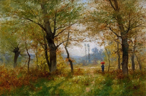 Dam mit rotem Schirm im sonnigen Wald, vintage artwork by Gustave Castan, 12x8" (A4) Poster