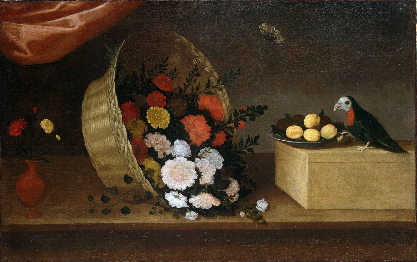 Basket of Flowers with Fruit, vintage artwork by Pedro de Camprobin, 12x8" (A4) Poster