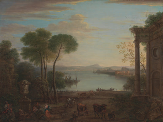 Classical Landscape with Figures and Animals: Dawn, vintage artwork by John Wootton, 12x8" (A4) Poster