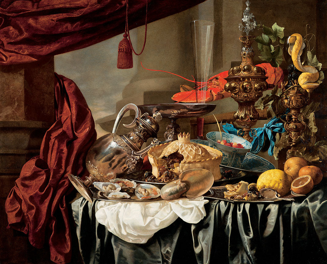 Pronk Still Life with Silver and Gilt Vessels, a Nautilus Shell, Porcelain, Food and Other Items on a Draped Table, vintage artwork by Carstian Luyckx, 12x8" (A4) Poster