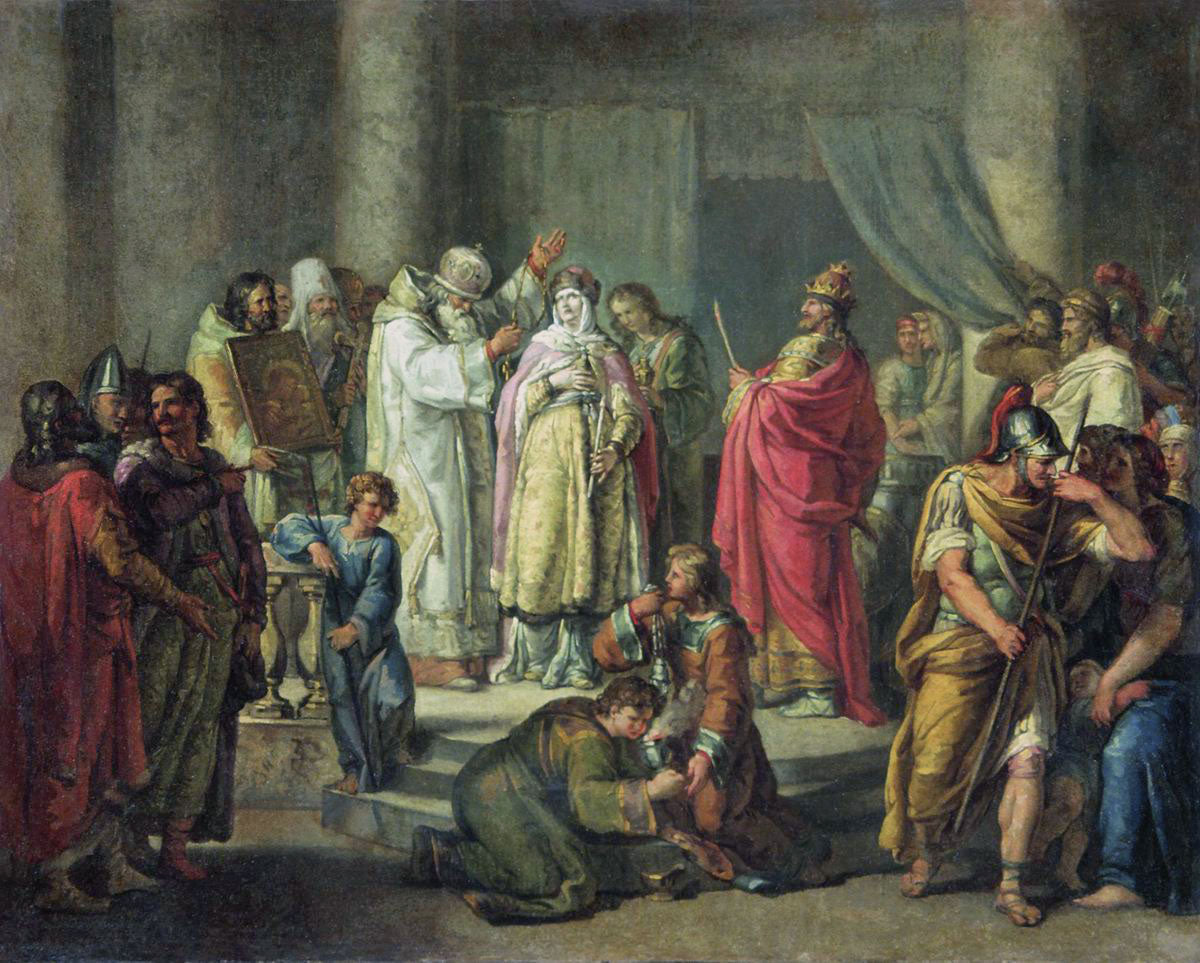 The Baptism of Princess Olga in Constantinople, vintage artwork by Ivan Akimov, 12x8" (A4) Poster