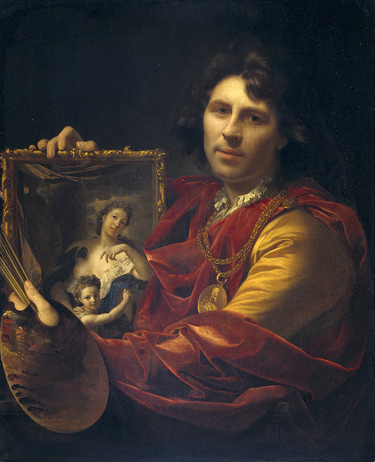 Self Portrait with the Portrait of His Wife and Their Daughter, vintage artwork by Adriaen van der Werff, 12x8" (A4) Poster