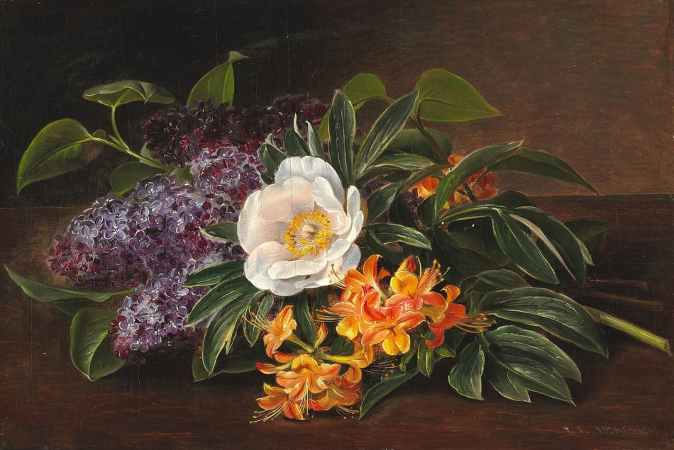 Flower stilleben with lilacs, roses and montbretia, vintage artwork by Johan Laurentz (J.L.) Jensen, A3 (16x12") Poster Print