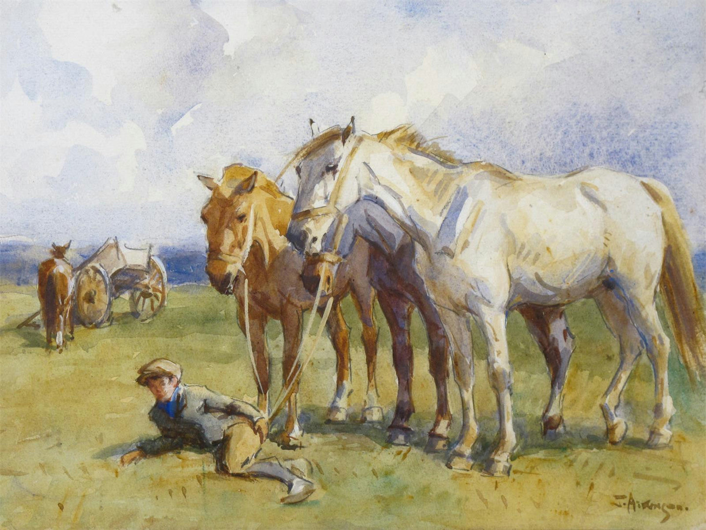 Horses and Groom Resting by John Atkinson II,A3(16x12")Poster