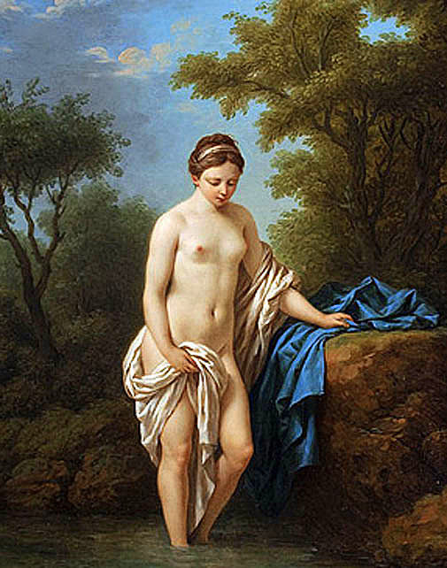 Young Woman at Bath, vintage artwork by Louis Jean François Lagrenee, 12x8" (A4) Poster