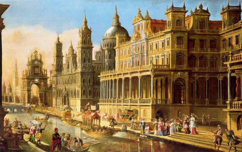 Architectural Perspective with the Finding of Moses, vintage artwork by Francisco Gutierrez Cabello, 12x8" (A4) Poster