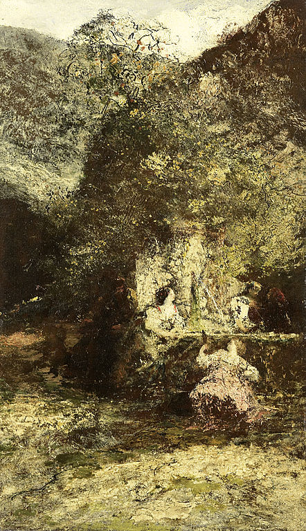 Figures at a Fountain, vintage artwork by Adolphe-Joseph-Thomas Monticelli, 12x8" (A4) Poster