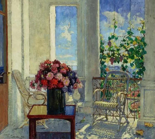 Flowers on the Veranda, vintage artwork by Konstantin Gorbatov, 12x8" (A4) Poster