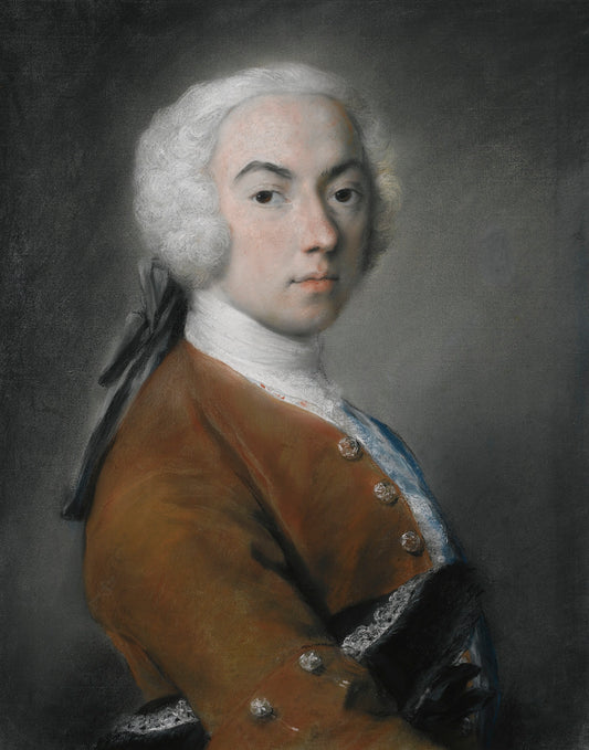 Portrait of a gentleman, half length, his hat beneath his arm, vintage artwork by Rosalba Carriera, 12x8" (A4) Poster
