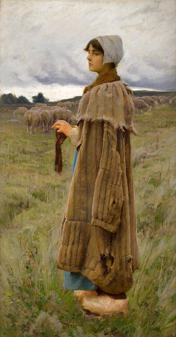 Shepherdess in the Fields, vintage artwork by Charles Sprague Pearce, 12x8" (A4) Poster