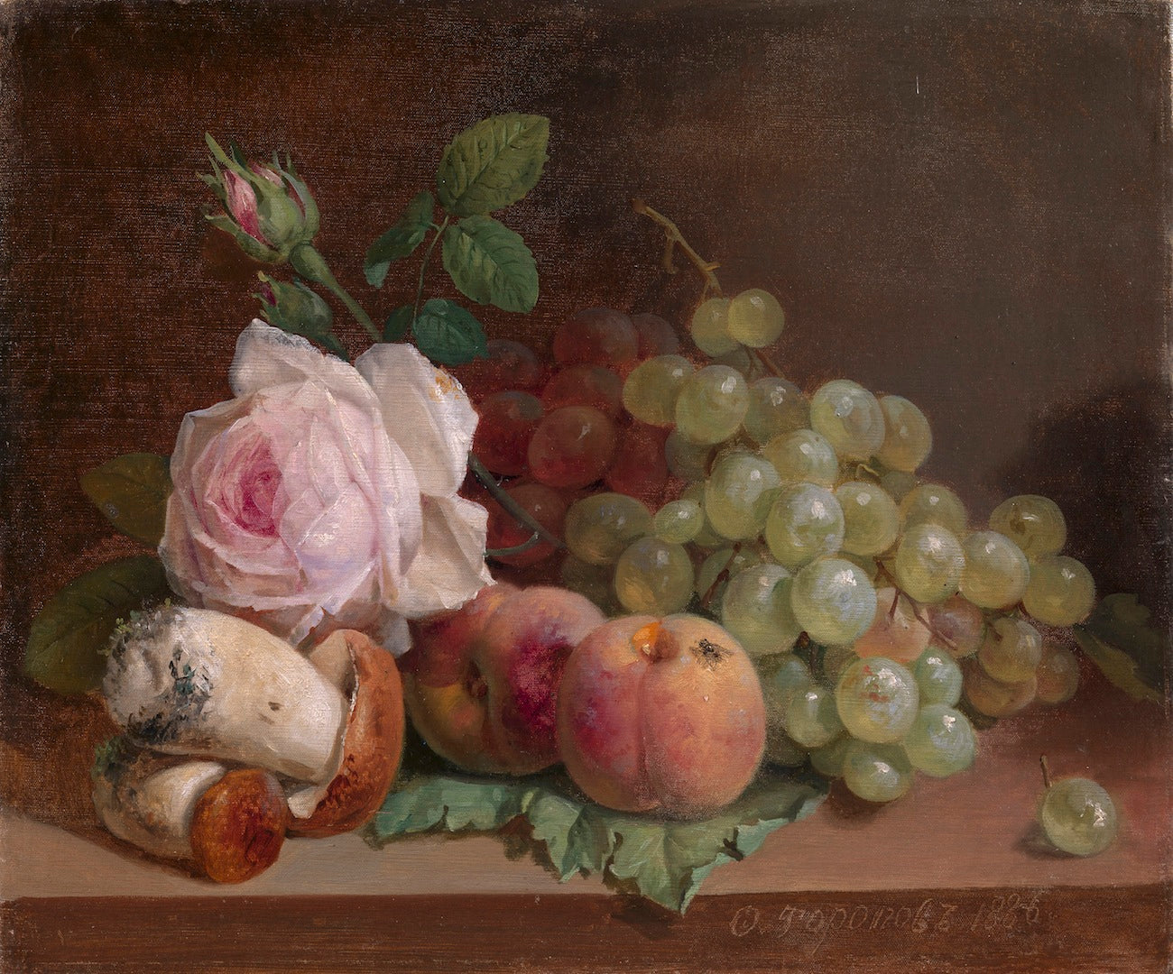 Still Life with Grapes and Roses, vintage artwork by Foma Toropov, A3 (16x12") Poster Print