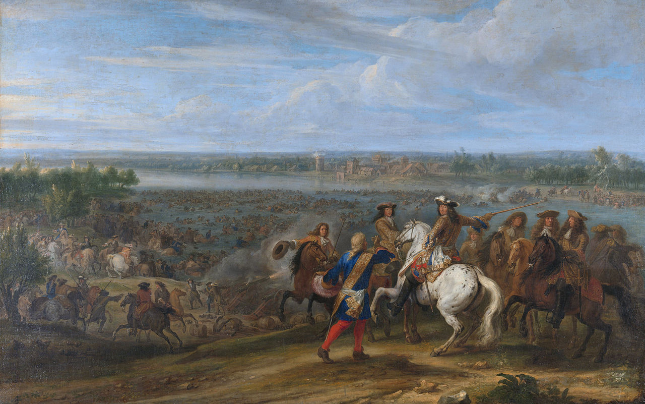 Louis XIV crosses the Rhine at Lobith, vintage artwork by Adam Frans van der Meulen, 12x8" (A4) Poster