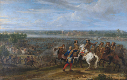 Louis XIV crosses the Rhine at Lobith, vintage artwork by Adam Frans van der Meulen, 12x8" (A4) Poster