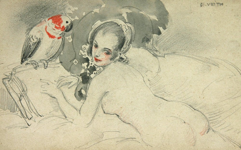 Young Woman with Parrot, vintage artwork by Eduard Veith, 12x8" (A4) Poster