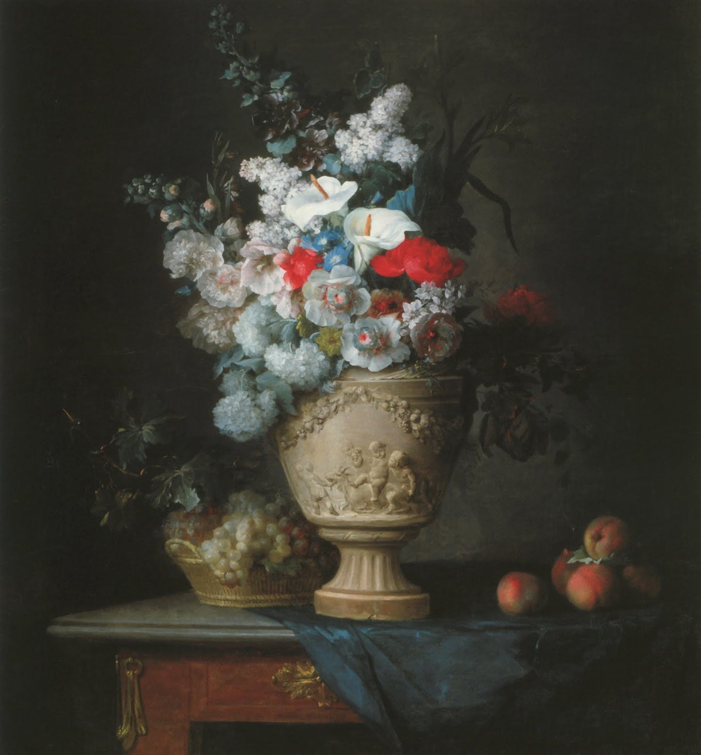 Bouquet of Flowers in a Terracotta Vase, with Peaches and Grape, vintage artwork by Anne Vallayer-Coster, 12x8" (A4) Poster