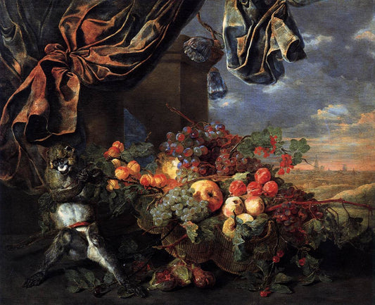 Still Life:  Fruit and a Monkey, vintage artwork by Jan Fyt, 12x8" (A4) Poster