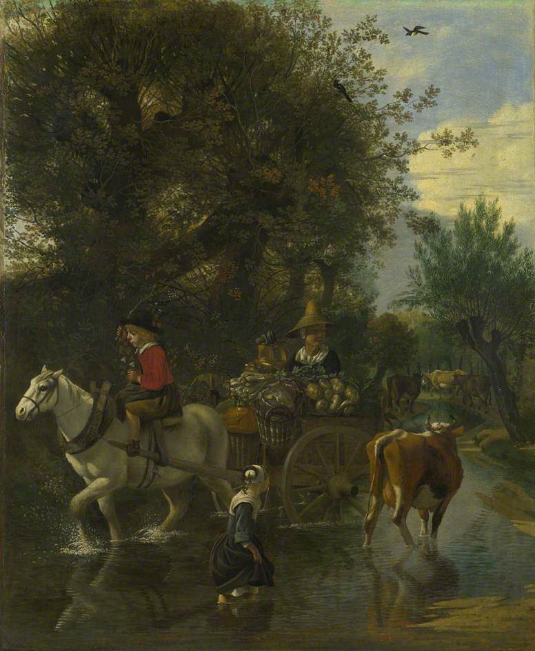 A Cowherd Passing a Horse and Cart in a Stream, vintage artwork by Jan Siberechts, 12x8" (A4) Poster