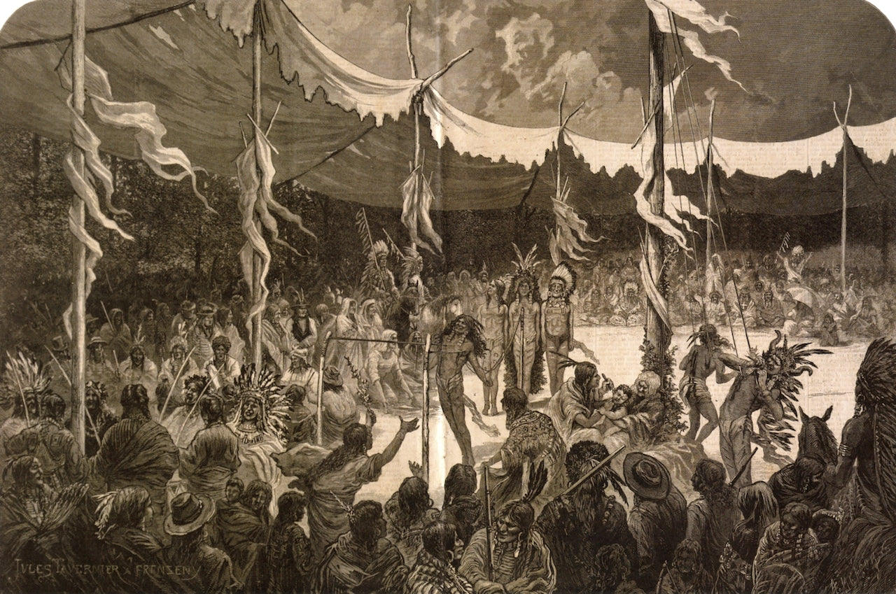 Indian Sun Dance - Young Bucks Proving Their Endurance by  Self-Torture, vintage artwork by Jules Tavernier, 12x8" (A4) Poster